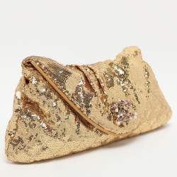 Pre Owned Chanel Gold Quilted Sequins Half Moon Clutch