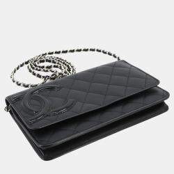 Chanel Black Enamel Leather Cambon Line Long Bi-fold Chain Wallet