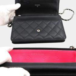 Chanel Black Enamel Leather Cambon Line Long Bi-fold Chain Wallet