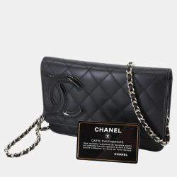 Chanel Black Enamel Leather Cambon Line Long Bi-fold Chain Wallet