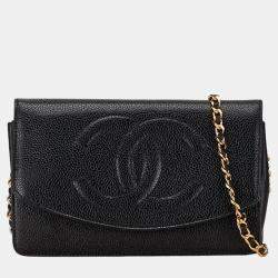 Chanel Black Caviar Skin Leather Coco Mark Chain Wallet