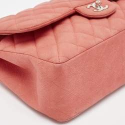 Pre Owned Chanel Coral Pink Caviar Leather Jumbo Classic Double Flap Bag