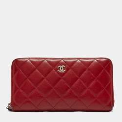 Chanel Red Quilted Leather CC Zip Continental Wallet