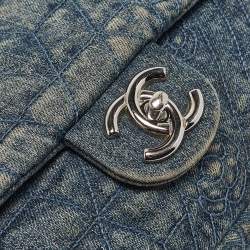 Pre Owned Chanel Blue Quilted Denim CC Camelia Embroidered Flap Bag