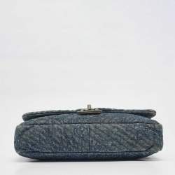 Pre Owned Chanel Blue Quilted Denim CC Camelia Embroidered Flap Bag