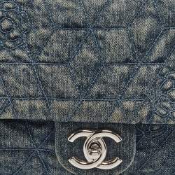 Pre Owned Chanel Blue Quilted Denim CC Camelia Embroidered Flap Bag