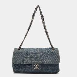 Pre Owned Chanel Blue Quilted Denim CC Camelia Embroidered Flap Bag