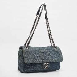 Pre Owned Chanel Blue Quilted Denim CC Camelia Embroidered Flap Bag