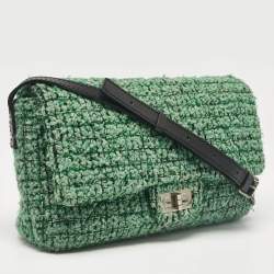 Pre Owned Chanel Green/Black Leather Tweed Reissue 2.55 Flap Bag