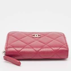 Pre Owned Chanel Red Quilted Caviar Leather CC Compact Wallet
