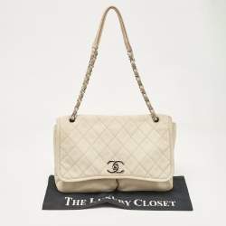 Pre Owned Chanel Light Beige Nubuck Leather Split Pocket Flap Bag