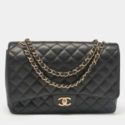 Pre Owned Chanel Black Caviar Quilted Leather Maxi Classic Double Flap Bag