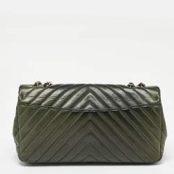 Pre Owned Chanel Green Leather Surpique Chevron Large Flap Bag