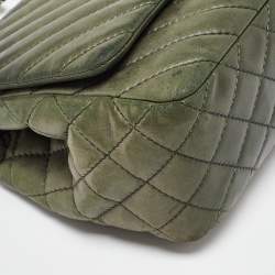 Pre Owned Chanel Green Leather Surpique Chevron Large Flap Bag