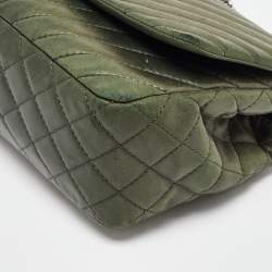 Pre Owned Chanel Green Leather Surpique Chevron Large Flap Bag