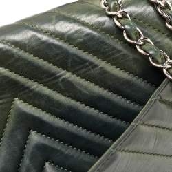 Pre Owned Chanel Green Leather Surpique Chevron Large Flap Bag