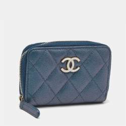 Pre Owned Chanel Blue Quilted Shimmer Caviar Leather Classic Zipped Coin Purse