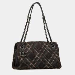 Chanel Grey Suede Leather Wild Stitch Coco Mark Chain Shoulder Bag