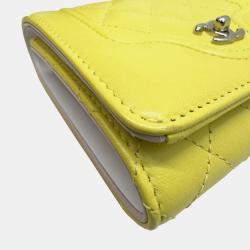 Chanel Yellow Pink Lambskin Leather Matelasse Mademoiselle Small Flap Tri-fold  Wallet