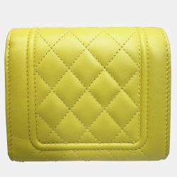 Chanel Yellow Pink Lambskin Leather Matelasse Mademoiselle Small Flap Tri-fold  Wallet