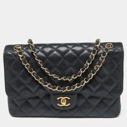 Pre Owned Chanel Black Caviar Quilted Leather Large Classic Double Flap Bag