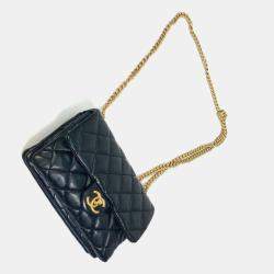 Pre Owned Chanel Black Lambskin CC Coco Mark Matelasse Chain Bag