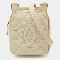 Pre Owned Chanel Light Beige Caviar Skin Leather Matelasse Coco Mark Pochette Bag