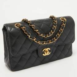 Pre Owned Chanel Black Quilted Caviar Leather Small Classic Double Flap Bag