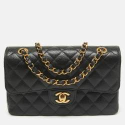 Pre Owned Chanel Black Quilted Caviar Leather Small Classic Double Flap Bag