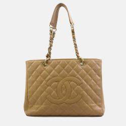 Pre Owned Chanel Beige Gold Caviar Skin Leather GST Shoulder Bag