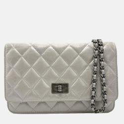 Chanel Silver Leather Matte Chain Wallet 2.55