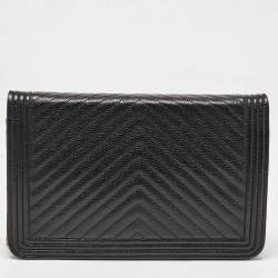Chanel Black Chevron Caviar Leather Boy Wallet On Chain