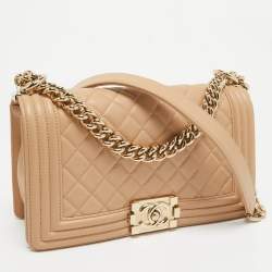 Pre Owned Chanel Beige Quilted Leather Medium Boy Flap Bag