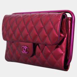 Pre Owned Chanel Hot Pink Patent Leather 14SS Quilted Patent Metal Handle Clutch 