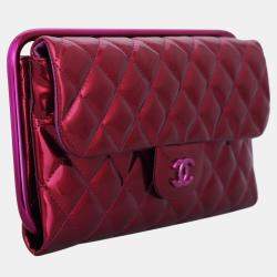 Pre Owned Chanel Hot Pink Patent Leather 14SS Quilted Patent Metal Handle Clutch 