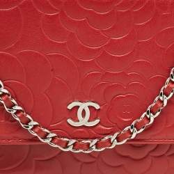 Chanel Red Leather Camellia Wallet On Chain