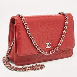 Chanel Red Leather Camellia Wallet On Chain