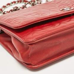 Chanel Red Leather Camellia Wallet On Chain