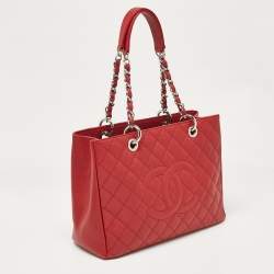 Pre Owned Chanel Red Quilted Caviar Leather Grand Shopper Tote