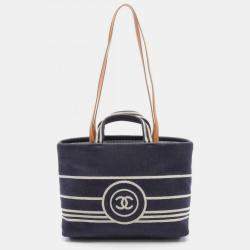 Chanel Navy White Brown Denim Leather Coco Mark Tote Bag