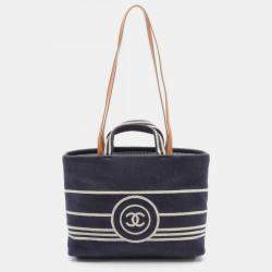 Chanel Navy White Brown Denim Leather Coco Mark Tote Bag