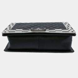 Pre Owned Chanel Black White Seal Lambskin Boy Chanel Chain Shoulder bag