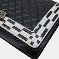 Pre Owned Chanel Black White Seal Lambskin Boy Chanel Chain Shoulder bag