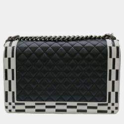 Pre Owned Chanel Black White Seal Lambskin Boy Chanel Chain Shoulder bag