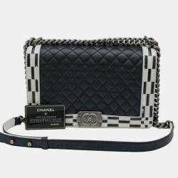 Pre Owned Chanel Black White Seal Lambskin Boy Chanel Chain Shoulder bag