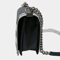 Pre Owned Chanel Black White Seal Lambskin Boy Chanel Chain Shoulder bag