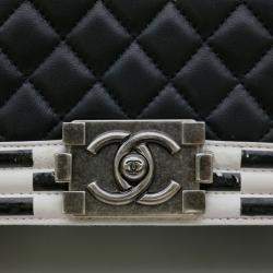 Pre Owned Chanel Black White Seal Lambskin Boy Chanel Chain Shoulder bag