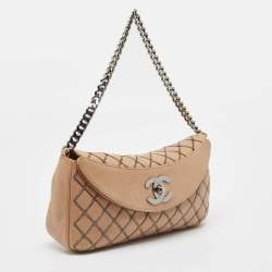 Pre Owned Chanel Beige Chain Stitch Lambskin Leather Shoulder Bag