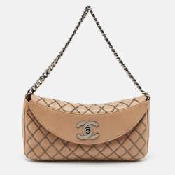 Pre Owned Chanel Beige Chain Stitch Lambskin Leather Shoulder Bag