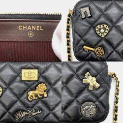 Chanel Chanel 2.55 Chain Wallet Matelasse Lucky Charm Heart Key Ribbon Arc De Triomphe Lion Lambskin Black